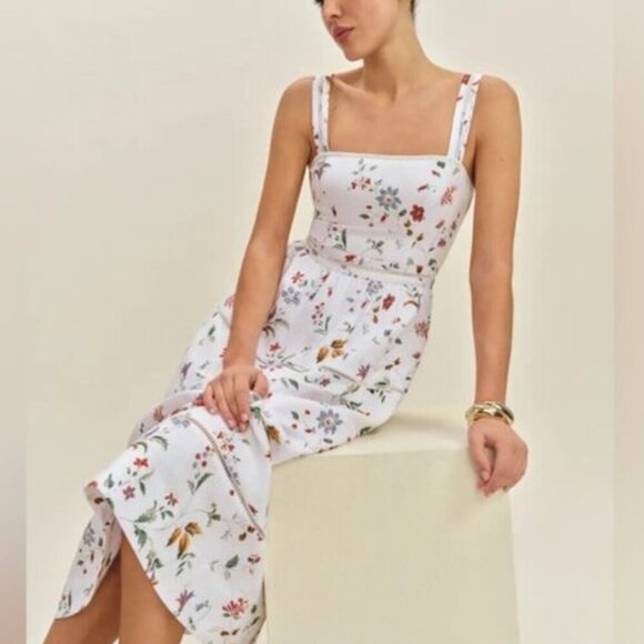 NEW Reformation Everett Linen Midi Dress Corsini White Multi Floral | US 2 UK 6 - Picture 1 of 16